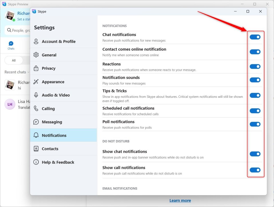 Cómo activar o desactivar las notificaciones en Skype en Windows 11