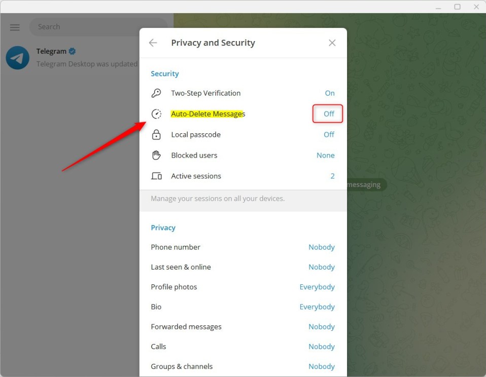 Cara Mengaktifkan Atau Menonaktifkan Hapus Pesan Otomatis Di Telegram