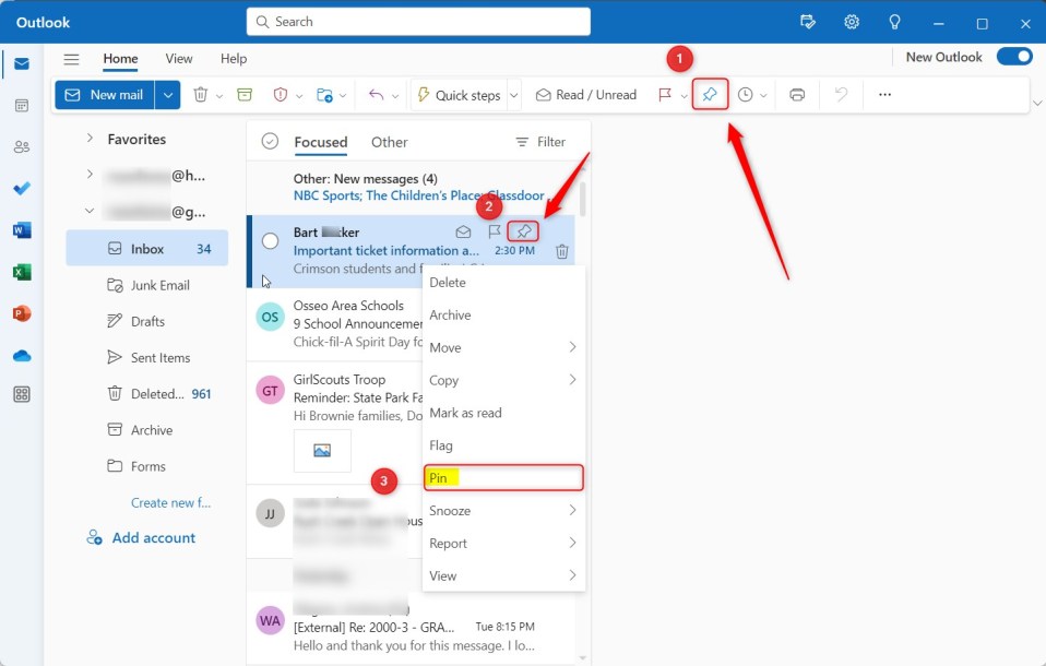 วธปกหมดหรอเลกปกหมดอเมลในกลองจดหมายของคณใน Outlook บน Windows