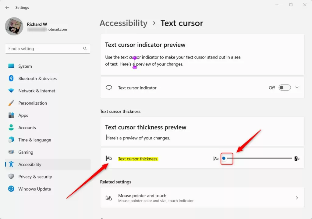 Come modificare lo spessore del cursore del testo in windows 11 all