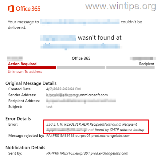 Corre o 550 5 1 10 resolver adr recipientnotfound no office 365